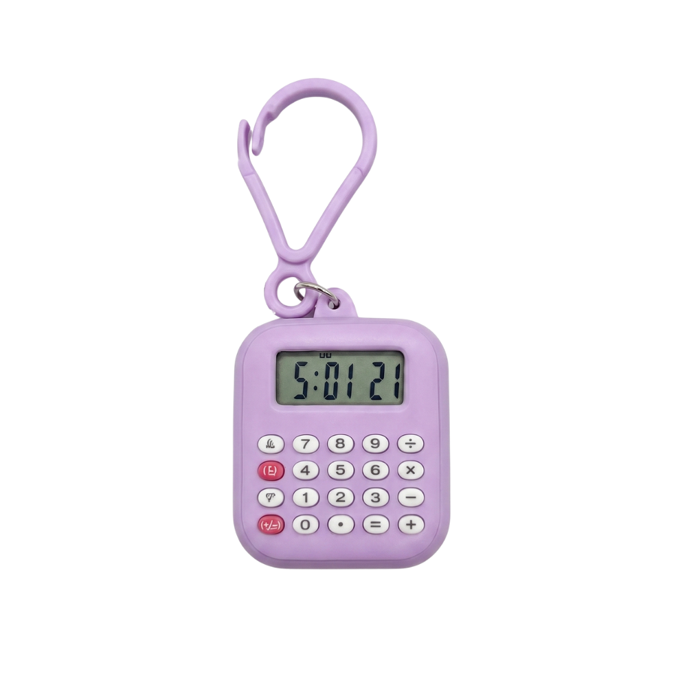 ClipCalc calculator keychain purple with keyring clip