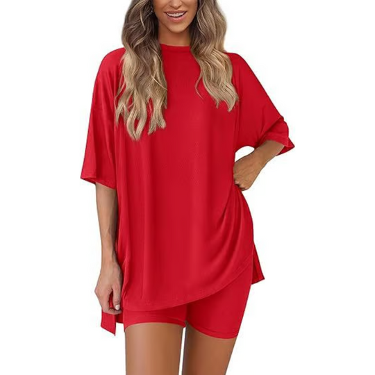 BreezeDuo women's summer set red tee and shorts