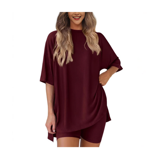 BreezeDuo women's two-piece summer set wine red tee and shorts
