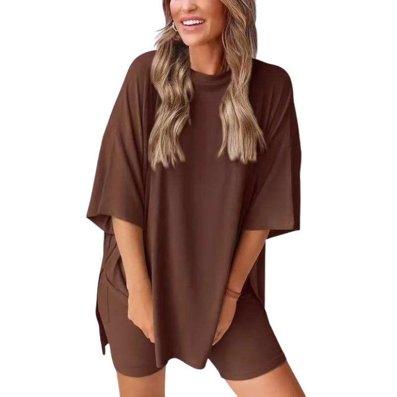 BreezeDuo women's summer set dark brown tee and shorts