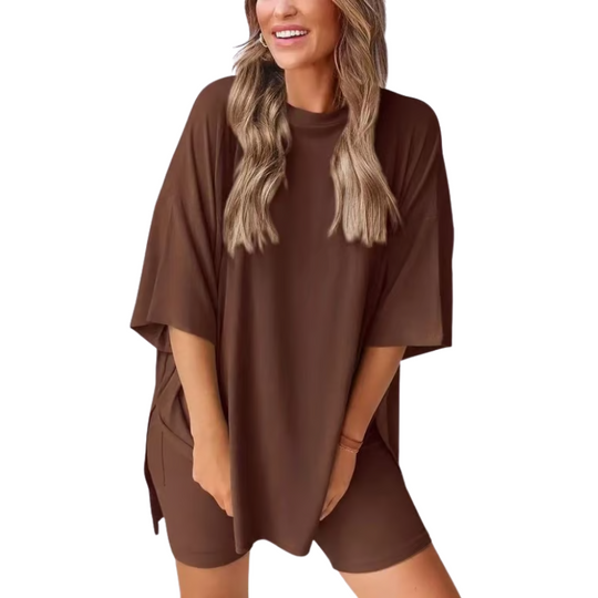 BreezeDuo women's summer set dark brown tee and shorts