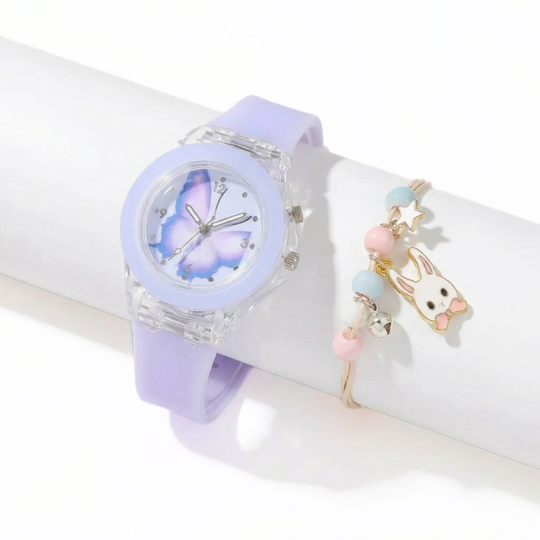 FlutterGlow girls butterfly watch and bracelet set with LED glow