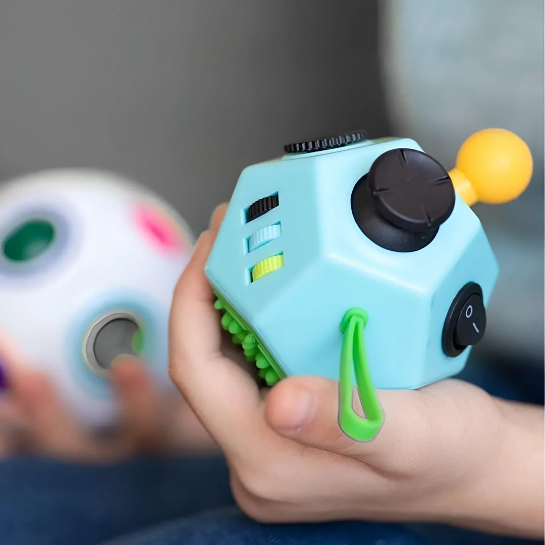 12-sided fidget cube with press and slide features