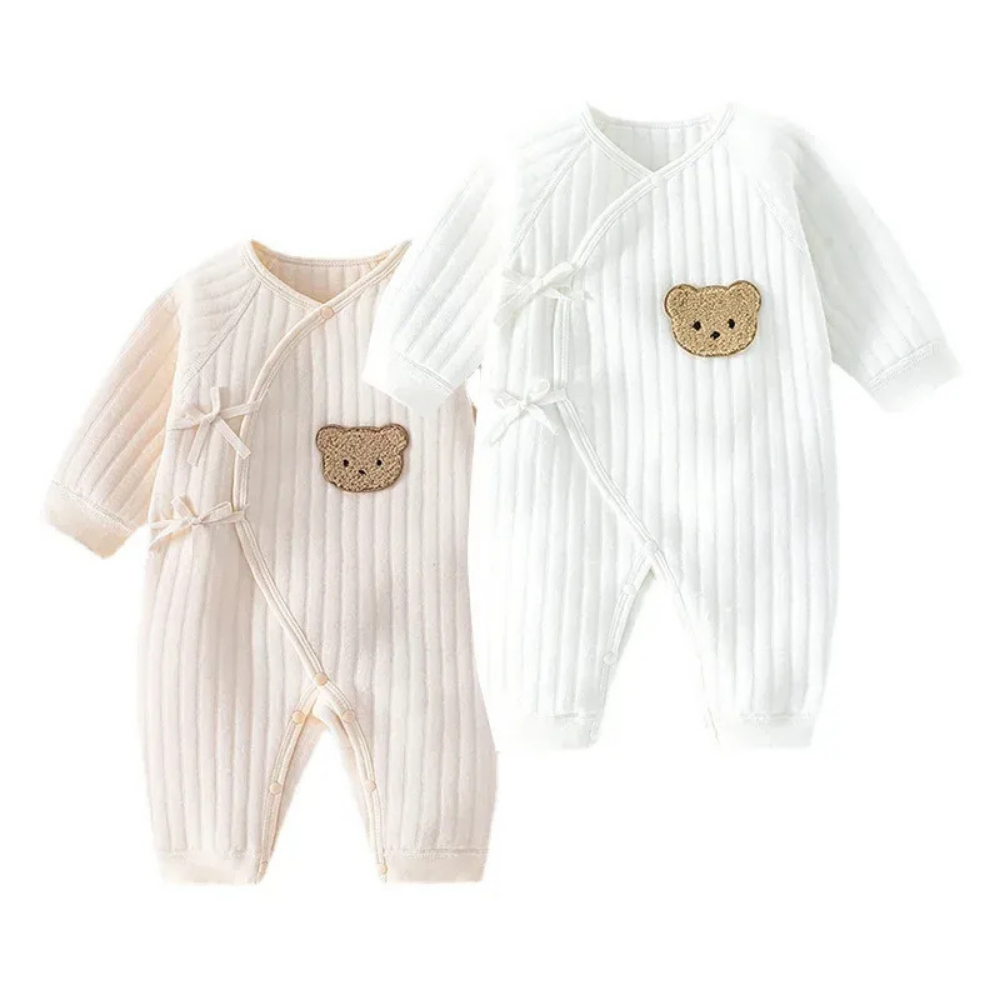 CubWrap wrap-front baby romper with teddy bear detail