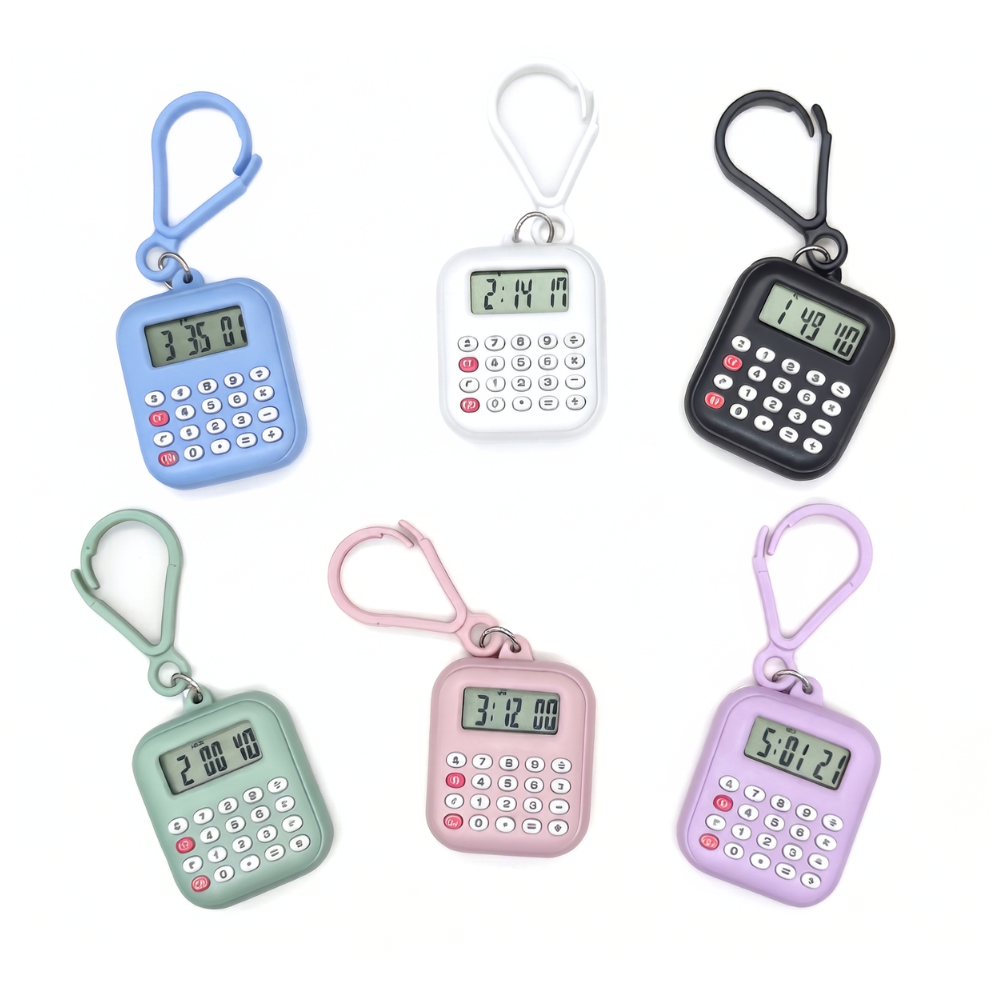 ClipCalc calculator keychain with digital clock display