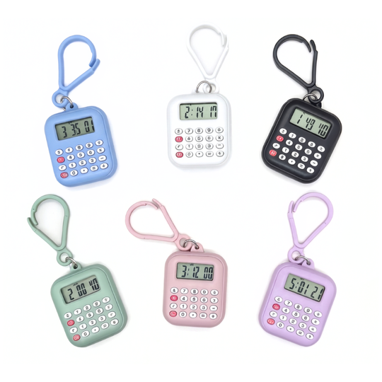ClipCalc calculator keychain with digital clock display