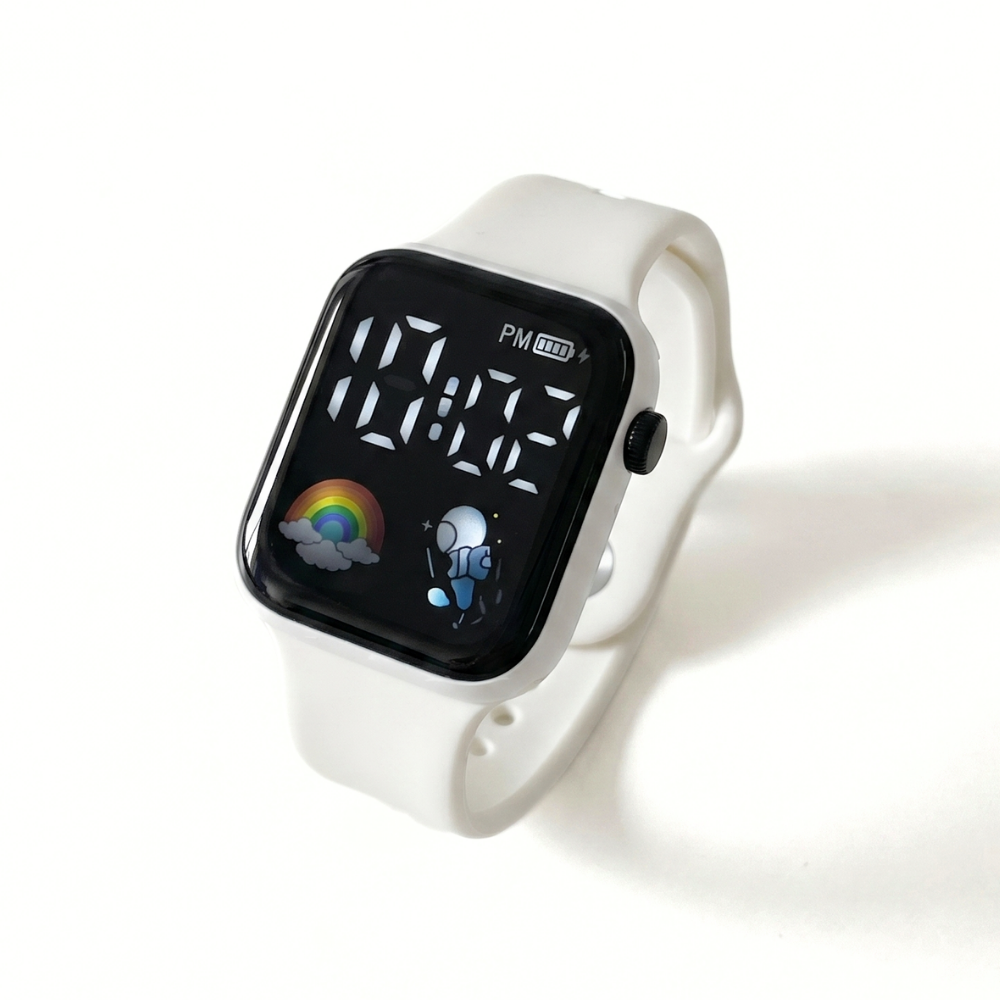 CosmoBeam white astronaut LED watch with colorful space display