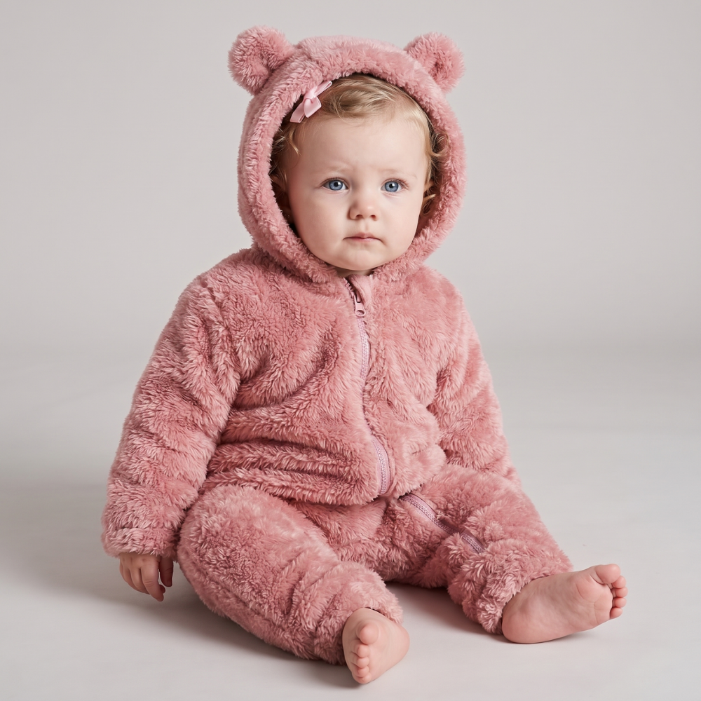 Soft plush fleece baby onesie keeps baby warm