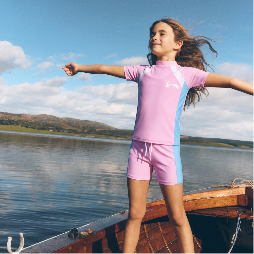 Two-piece swim set shirt and matching shorts
