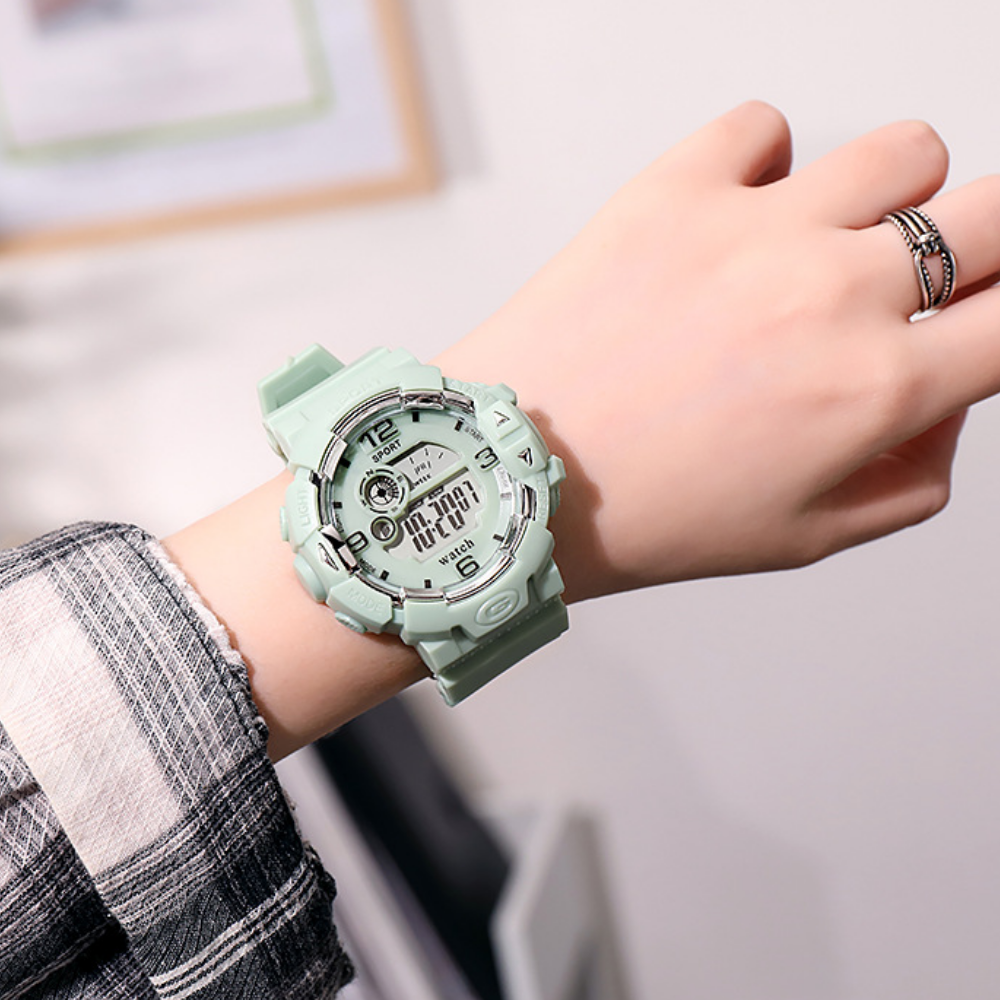 PulseGlow green digital sports watch shock-resistant resin case