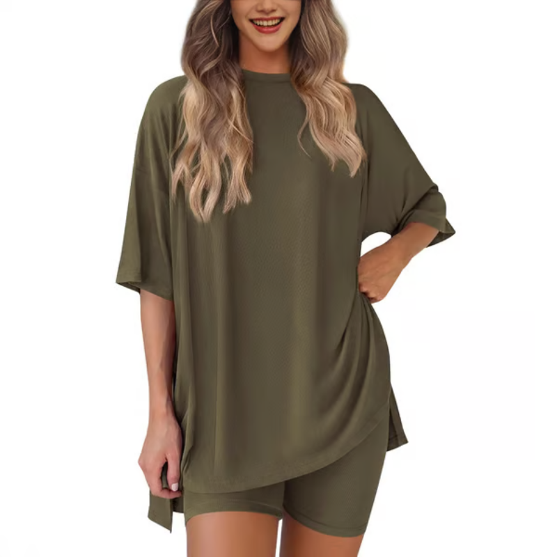 BreezeDuo women's summer set army green tee and shorts