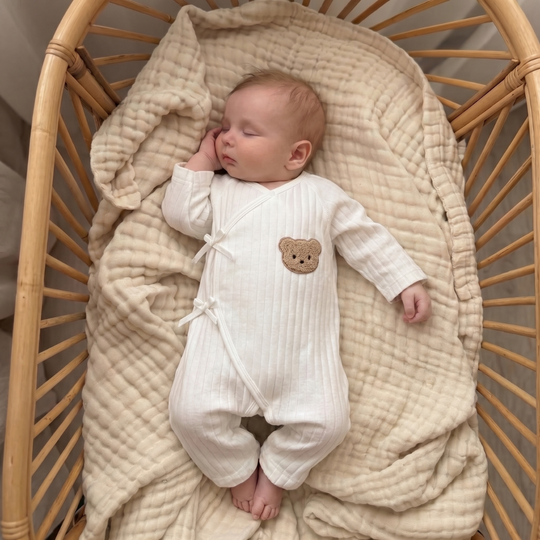 Wrap-front baby romper with easy side-tie closure