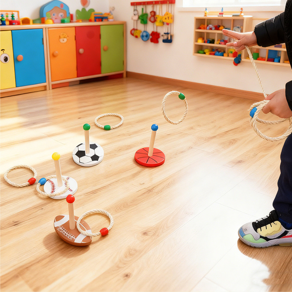 Wooden ring toss game with football basketball targets