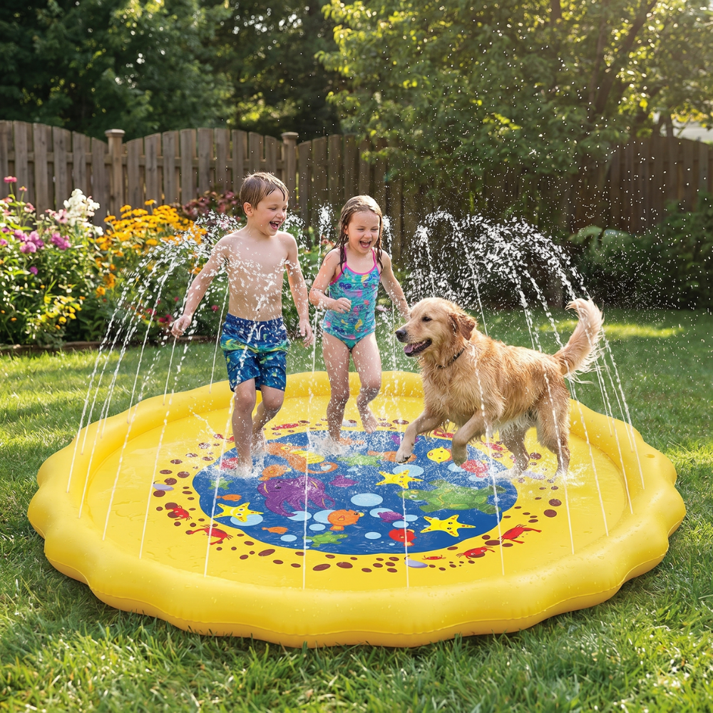 Sprinkler mat connects to garden tap for water play