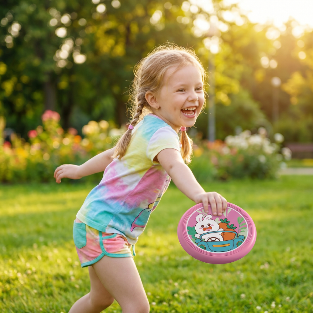 Soft throwing disc with cheerful cartoon designs