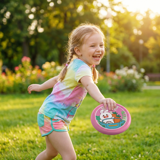 Soft throwing disc with cheerful cartoon designs
