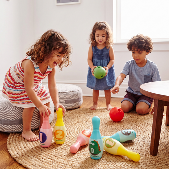 Bright dinosaur bowling pins for indoor play