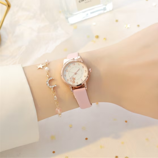Cat-ear watch with matching moon and star bracelet