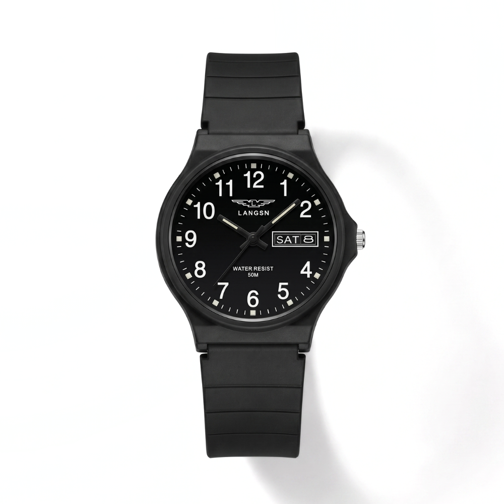 ClearStride black quartz sports watch with high-contrast numerals