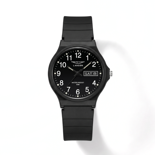 ClearStride black quartz sports watch with high-contrast numerals