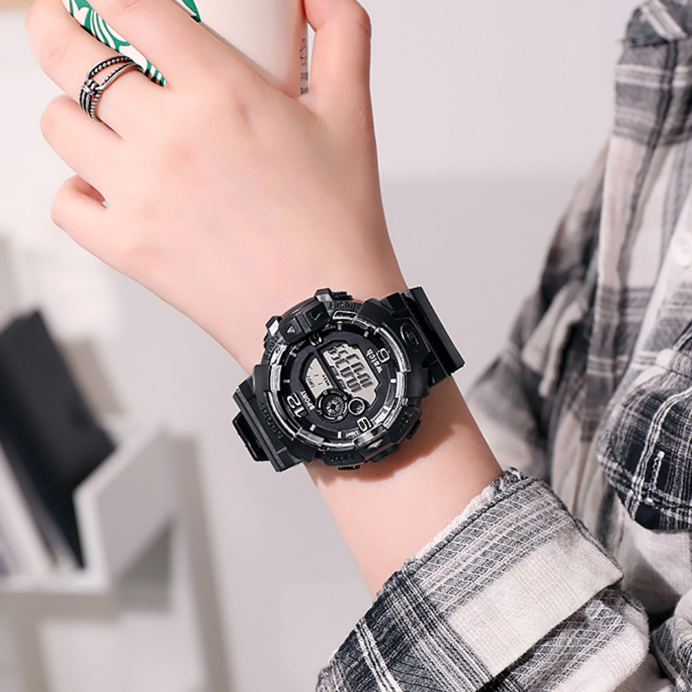 PulseGlow black digital sports watch with multi-window display