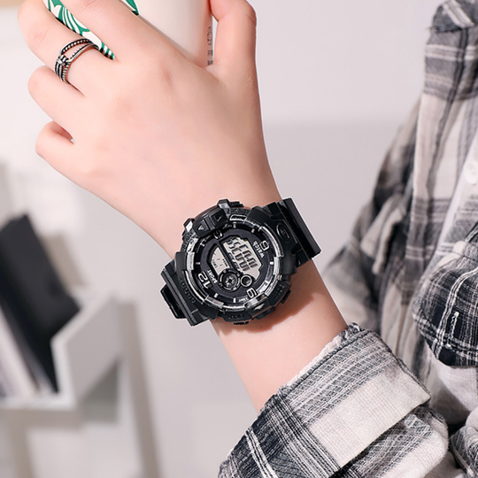 PulseGlow black digital sports watch with multi-window display