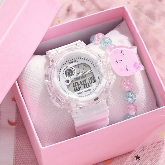PetalTick white kids watch and bracelet set with LED light