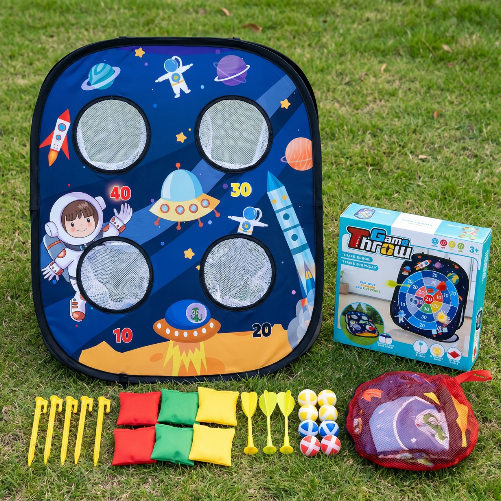 Kids throwing game with beanbags sticky balls darts