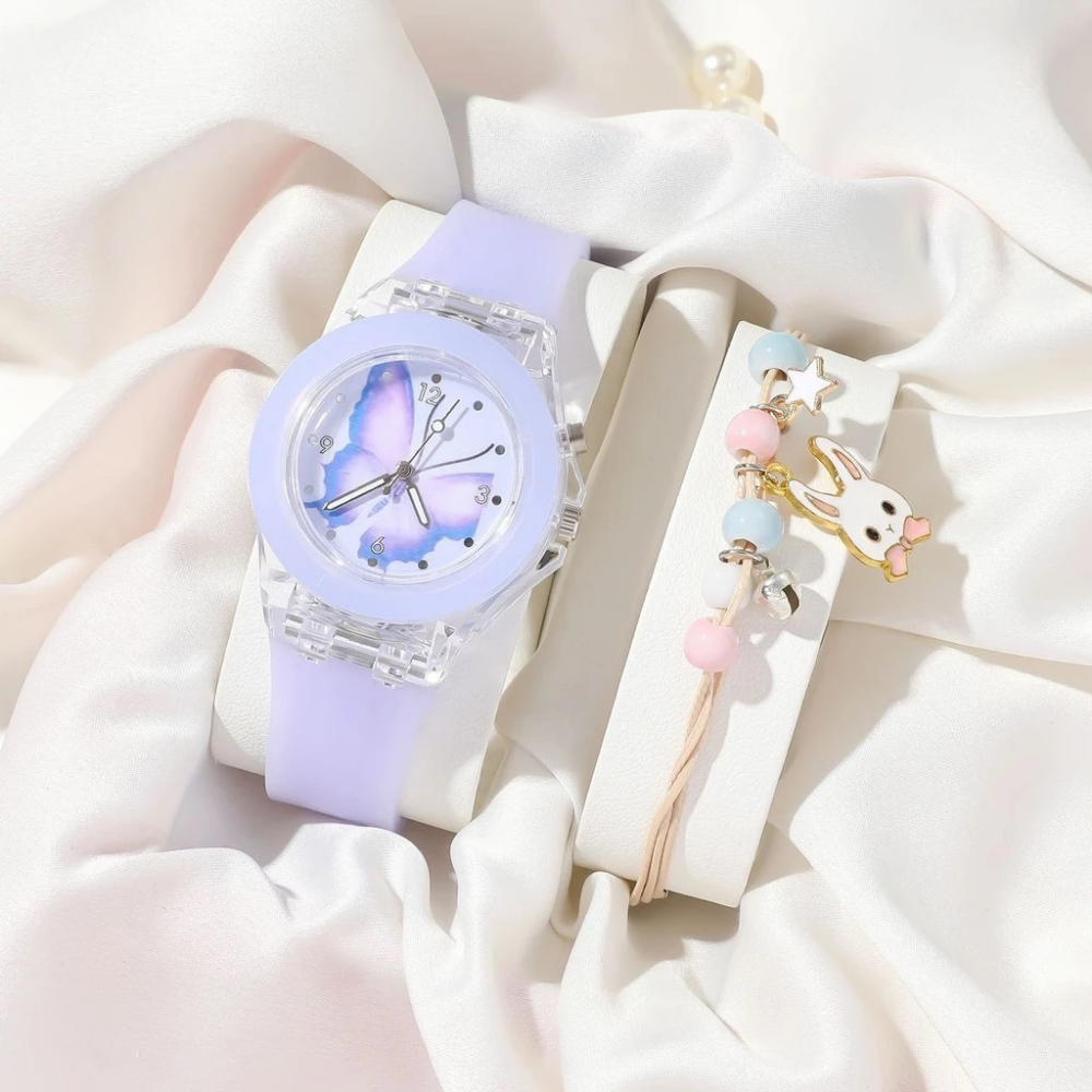 FlutterGlow purple butterfly watch and bracelet set for girls