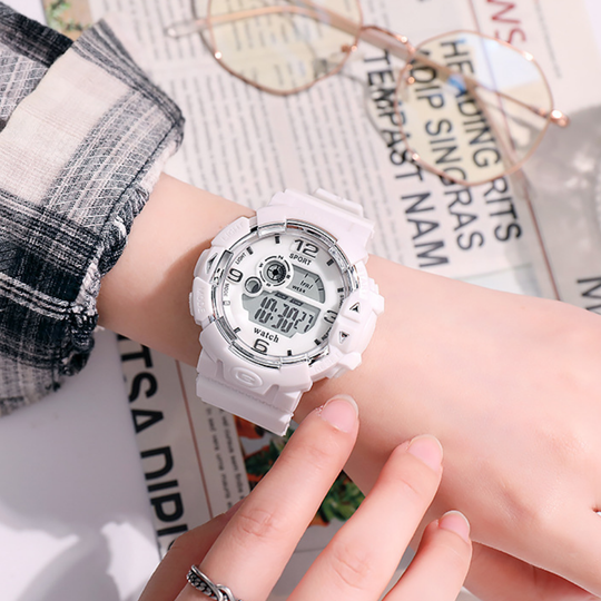 PulseGlow white digital sports watch water-resistant to 30M