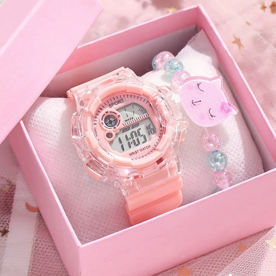 PetalTick pink kids watch and charm bracelet set for school