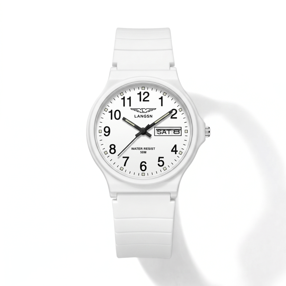 ClearStride white quartz sports watch with flexible silicone band