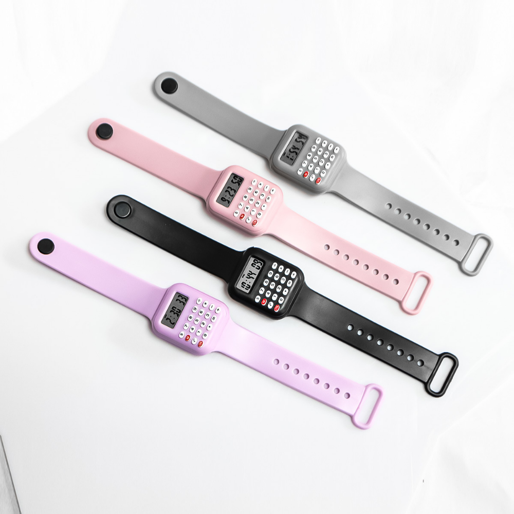 Calculator watch with adjustable silicone strap and pin buckle