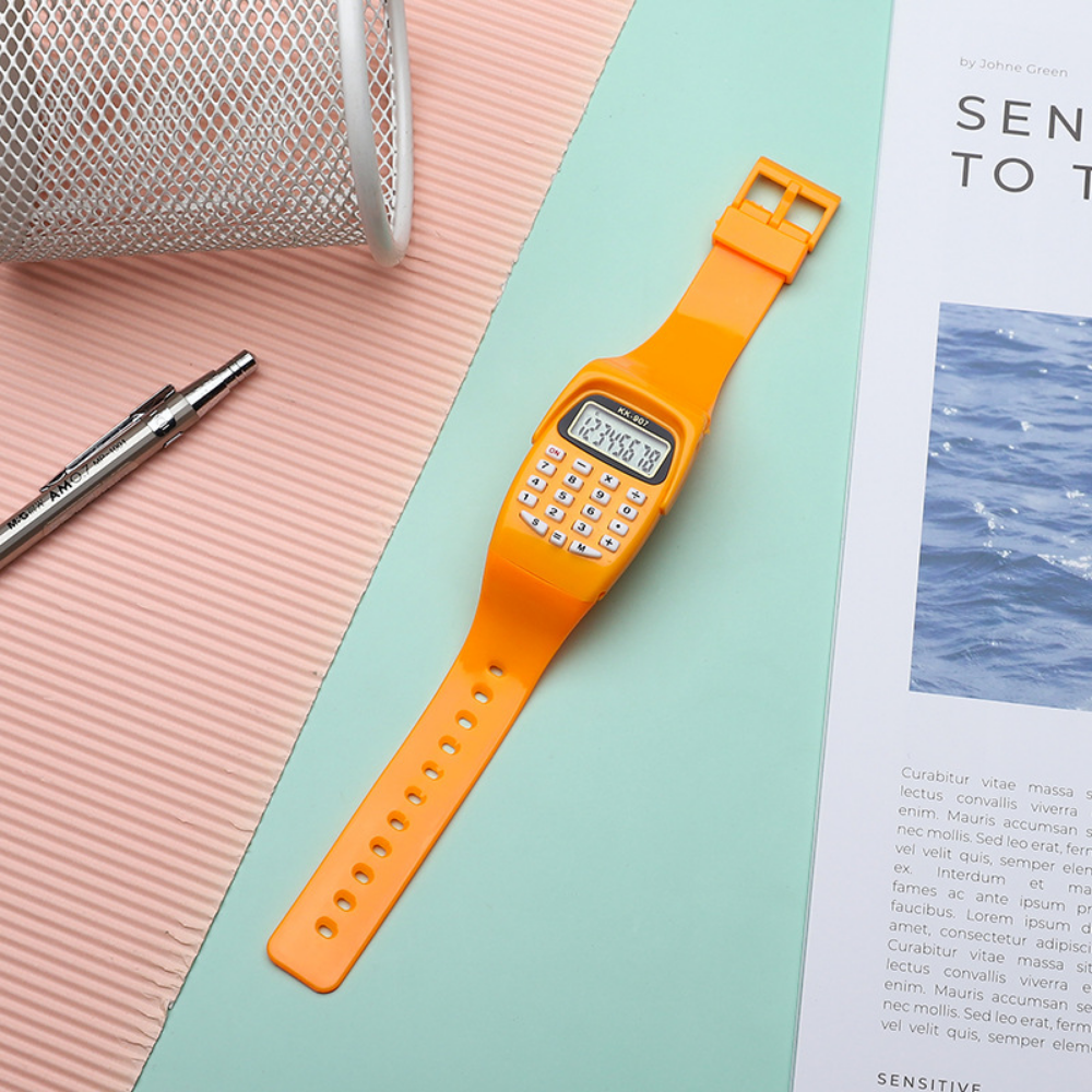 Retro calculator watch showing time and date