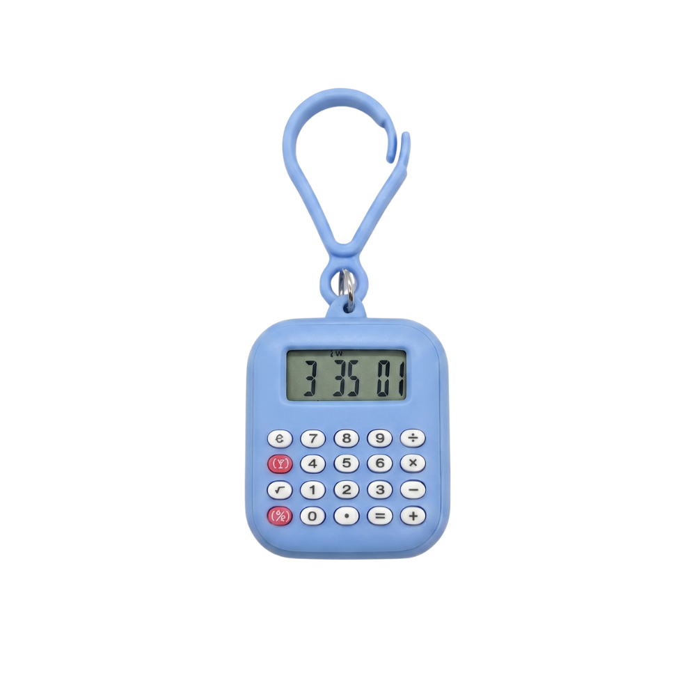 ClipCalc calculator keychain blue with keyring clip