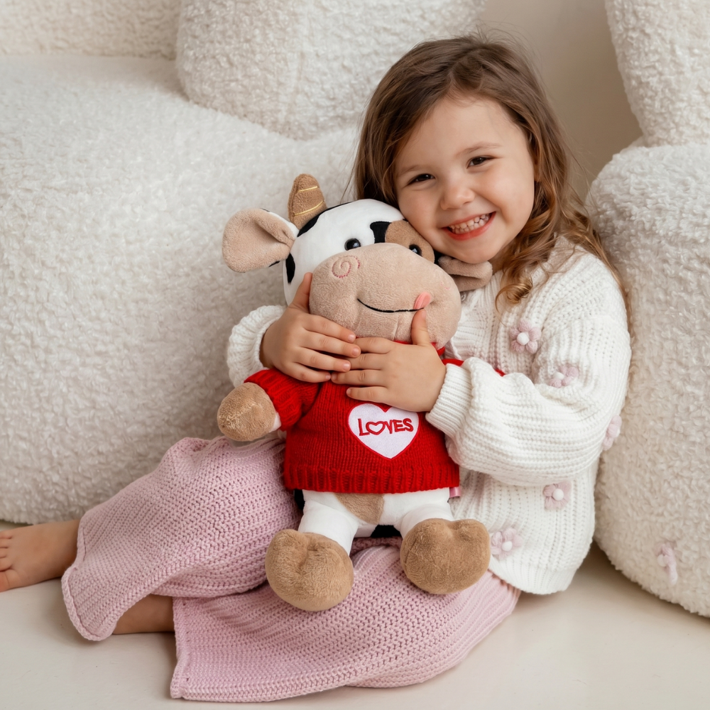 CowCuddle – Cute Cow Plush with Sweater & Mini Bag