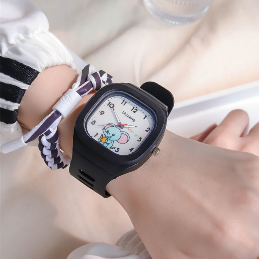 TuskTime black elephant kids watch with flexible silicone strap