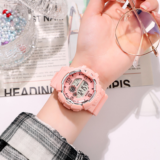 PulseGlow pink digital sports watch with calendar and alarm
