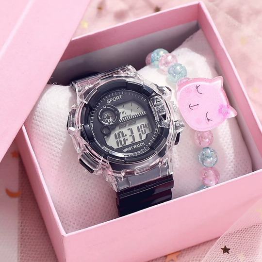 PetalTick black kids watch and bracelet set splash-resistant