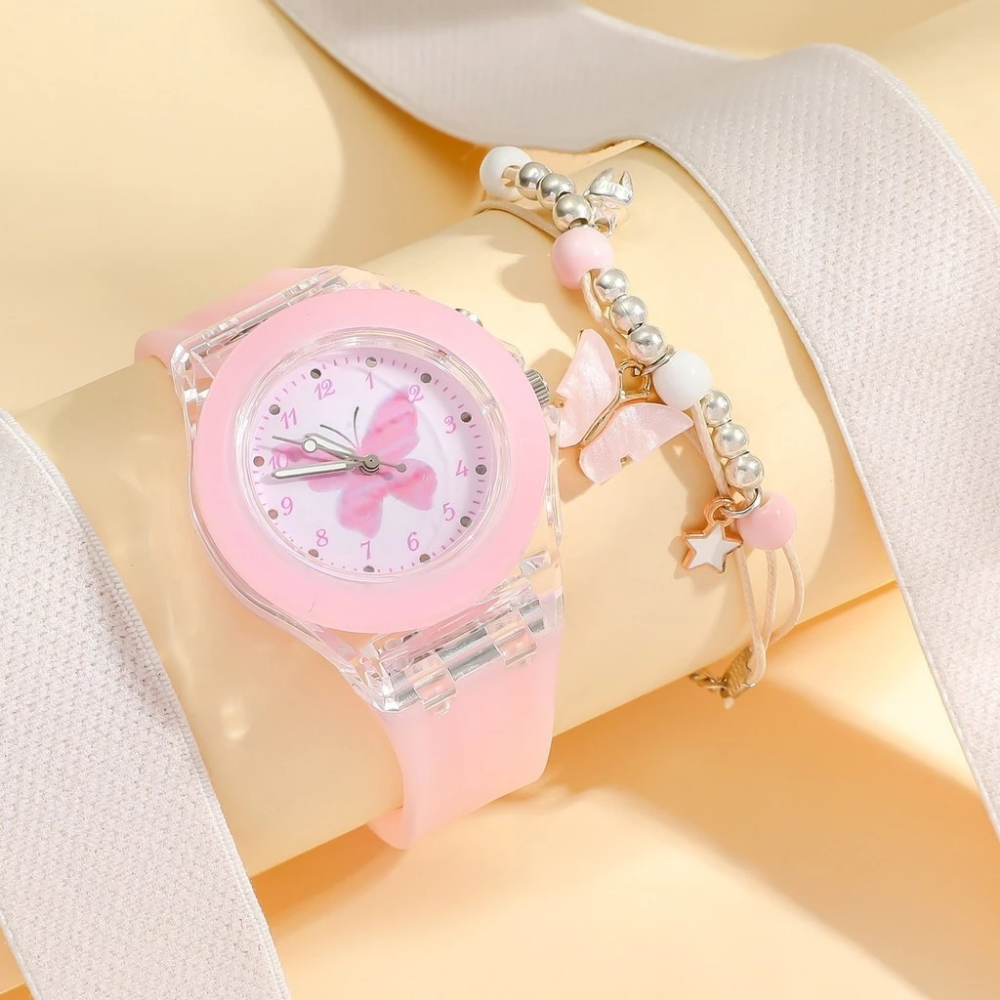 Butterfly quartz watch set with matching sparkly bracelet