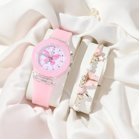 FlutterGlow pink butterfly watch and bracelet set for girls