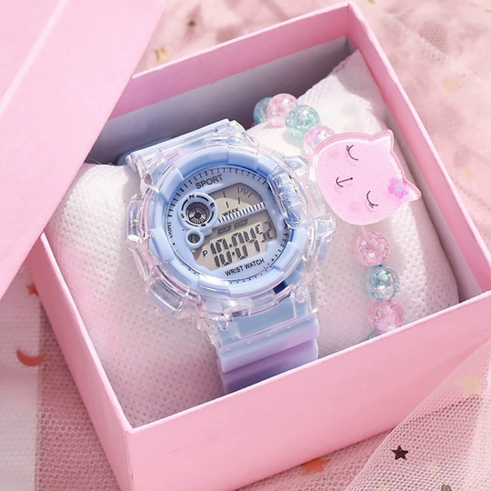 PetalTick blue kids watch set with multi-color LED night light