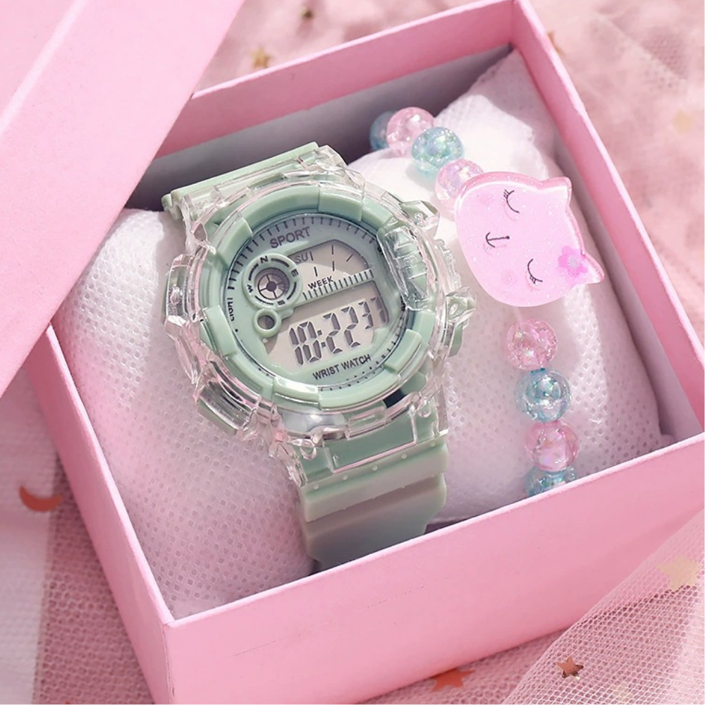PetalTick green kids watch and bracelet set with silicone band