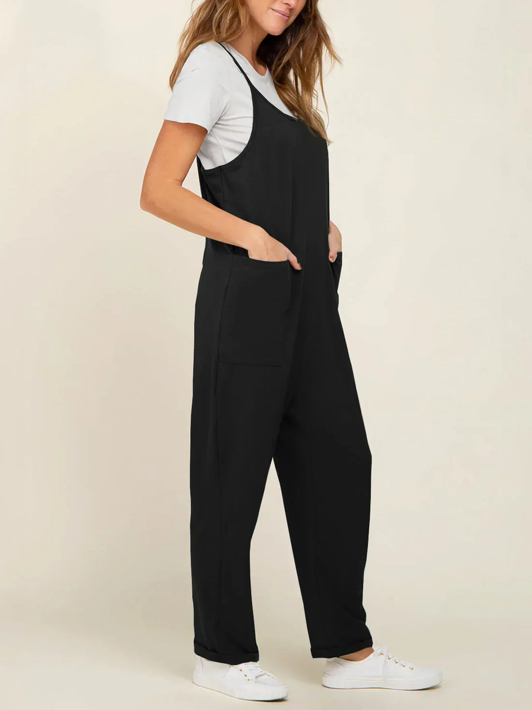 MamaOne maternity jumpsuit black side view relaxed fit