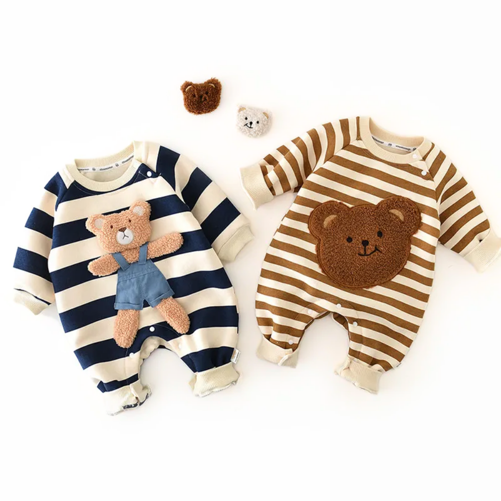 SnugStripe striped teddy bear baby romper soft knit