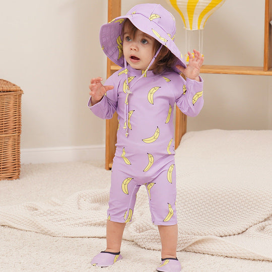 One-piece kids swim set with playful fruit prints