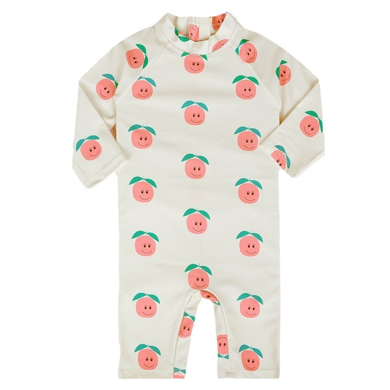 OrchardWave kids swimsuit with matching fruit print sun hat