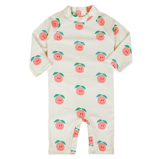 OrchardWave kids swimsuit with matching fruit print sun hat