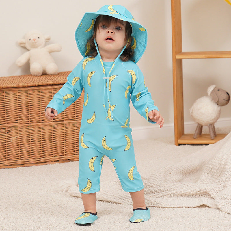 Cheerful sun-ready swimsuit and hat for summer
