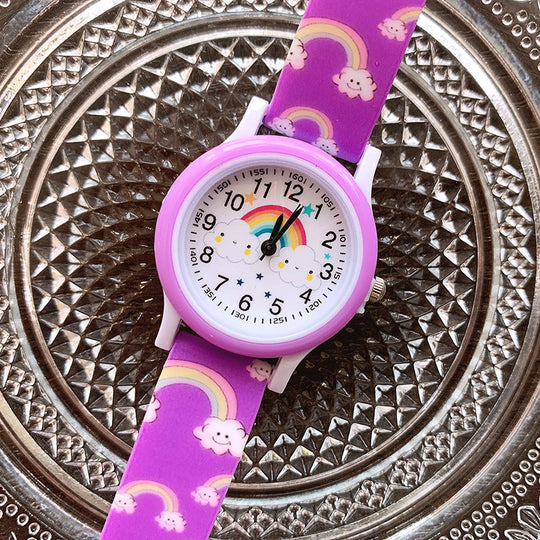 BrightBeam purple rainbow kids watch with skin-friendly strap